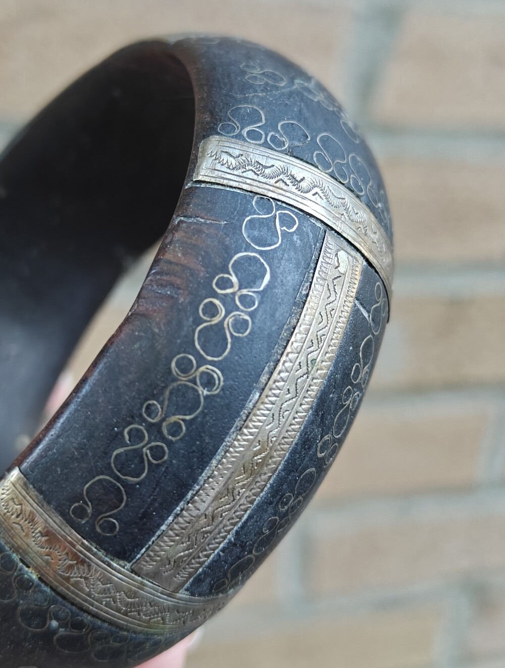 Old Tuareg Wood And Ornate Silver Wide Bangle Bracelet